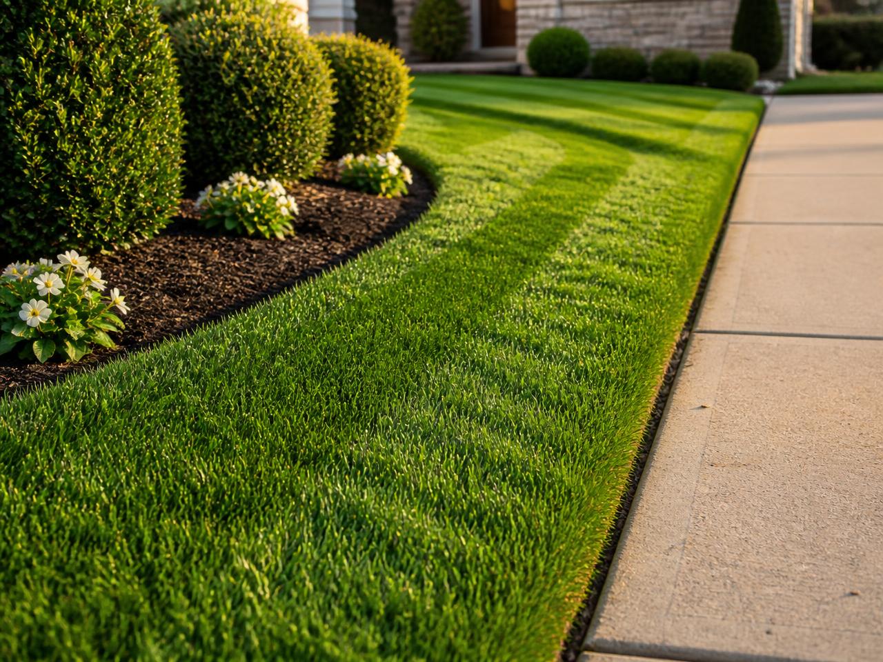 Premier Lawn Solutions crew with truck and mowers at sunrise