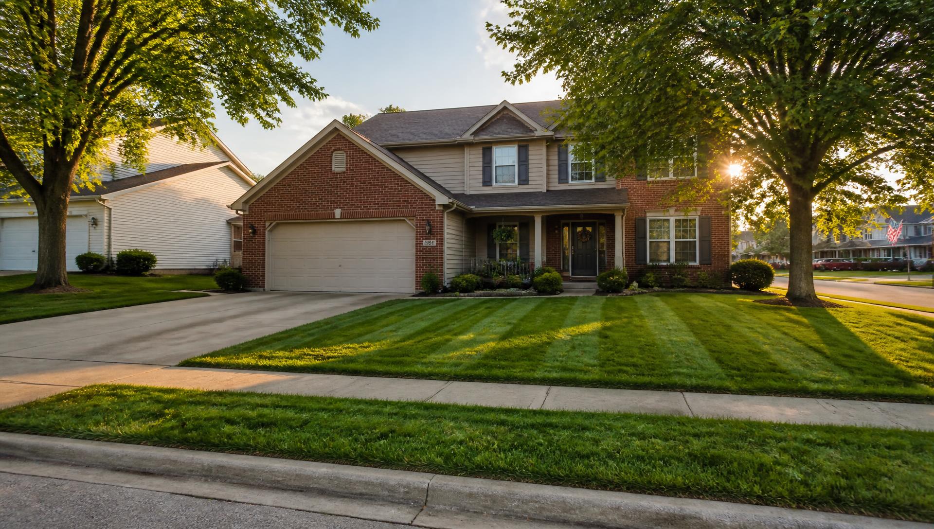 Freshly striped emerald lawn in front of an upscale brick home at golden hour