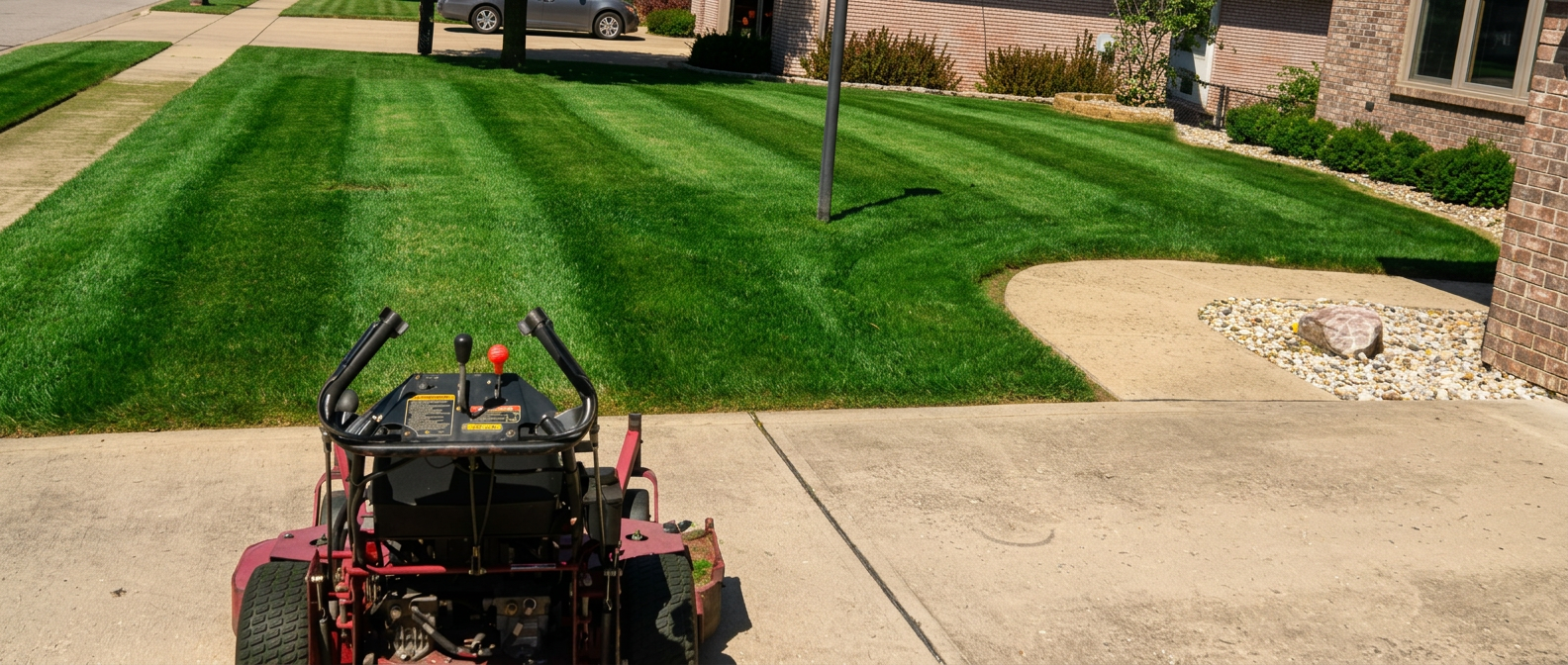 Freshly striped Indianapolis front lawn beside a clean driveway edge